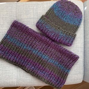 Hand Knit Hat and Scarf in Blue Purple and Green